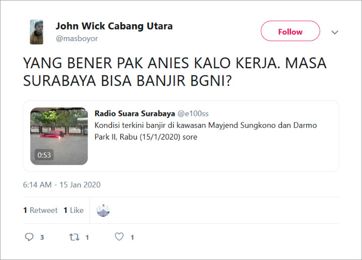 Nasib Anies Benar-Benar Sial, Surabaya Banjir pun Dia yang Disalahkan