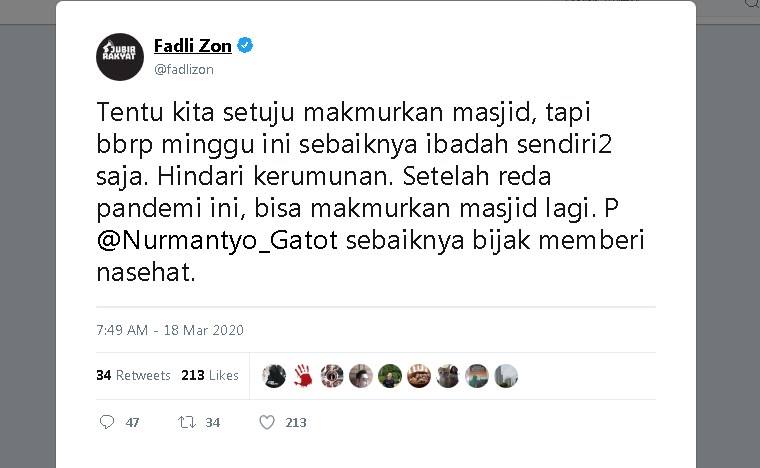 Fadli Zon Nasihati Gatot Nurmantyo Soal Ajakan Makmurkan Masjid di Tengah Corona