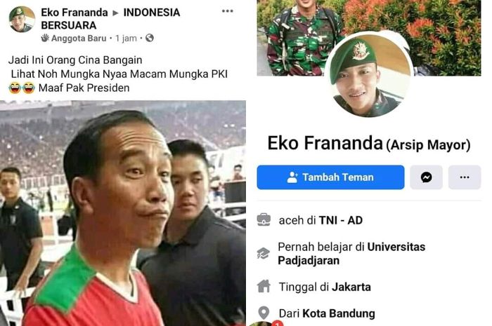 (Cek Hoaks atau Fakta) Akun FB Anggota TNI AD Hina Jokowi