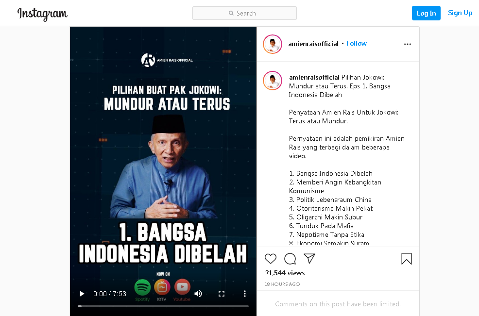 Lewat Video ‘Sangar’ ini, Amien Rais Singgung Mentalitas ‘Koncoisme’ Rezim Jokowi