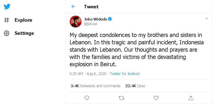 Sampaikan Belasungkawa Tragedi Ledakan Beirut, Jokowi: Indonesia Berdiri Bersama Lebanon