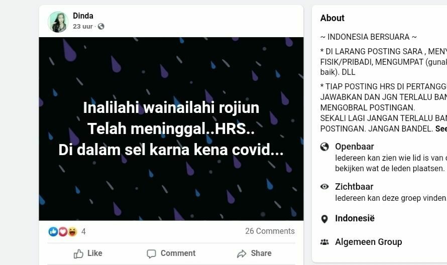 Cek Hoaks atau Fakta: Habib Rizieq Meninggal dalam Penjara karena Covid-19