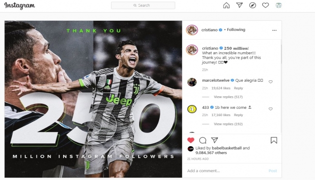 Top! Cristiano Ronaldo jadi Manusia Pertama dengan Pengikut 250 Juta di Instagram