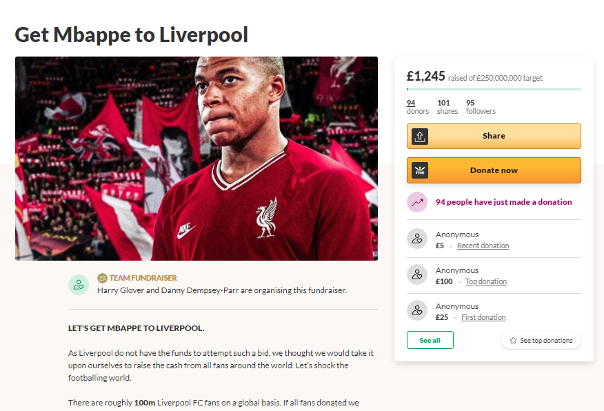 Demi Beli Kylian Mbappe, Fans Liverpool Galang Dana Lewat Laman GoFundMe