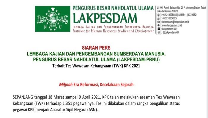LAKPESDAM PBNU, Minta Jokowi Batalkan Hasil Tes Wawasan Kebangsaan 1.351 Pegawai KPK