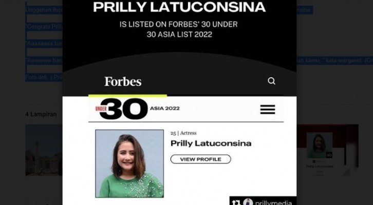 Prilly Latuconsina Masuk Daftar 30 Under 30 2022 di Asia