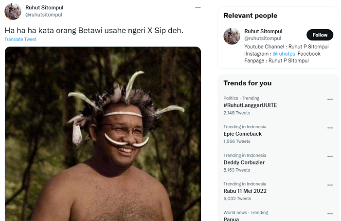 Pemuda Papua Polisikan Ruhut yang Sebar Meme Anies Pakai Koteka